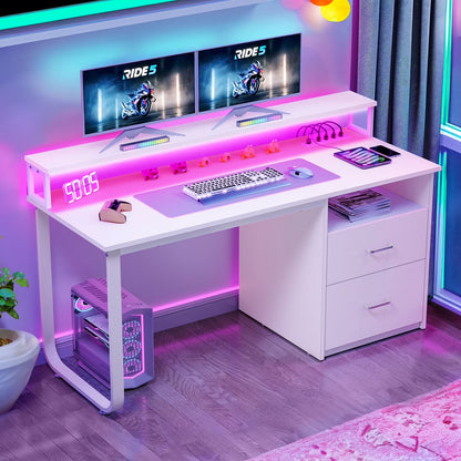 TDUKDB 47/55 Inch Home Office LED Computer Desk with File Drawer and Power Outlets. Ideal for Home Office Study Stable Design, Stylish Simple-inch-Brown White