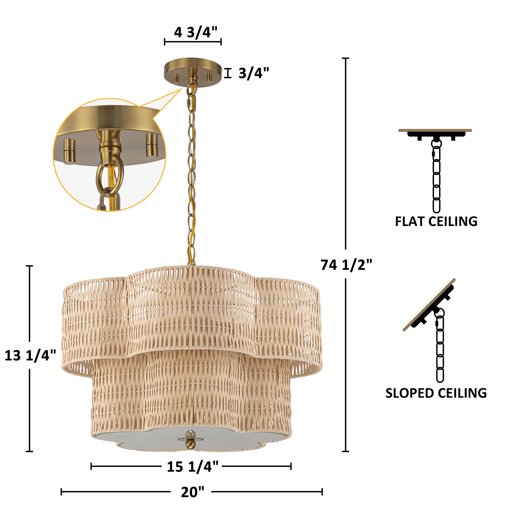 C Cattleya 20" 5-Light Natural Rattan Chandelier with 2-Tier Hand Woven Flower-Shaped Shade
