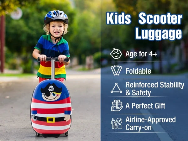 Kids Luggage Scooter, 3-Level Height Adjustable, Pirate Theme Foldable Carry-On Suitcase, Lightweight Ride-On Scooter