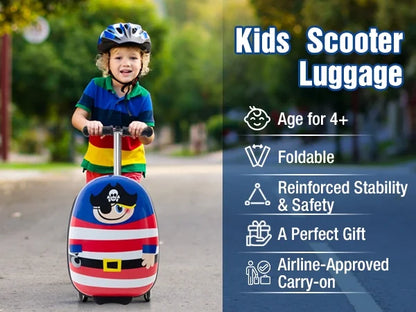 Kids Luggage Scooter, 3-Level Height Adjustable, Pirate Theme Foldable Carry-On Suitcase, Lightweight Ride-On Scooter