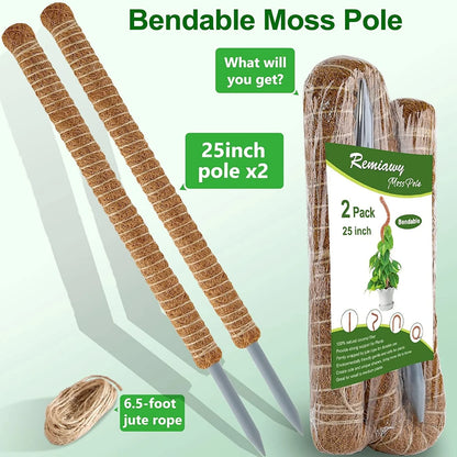 Moss Pole for Plants Monstera, 50 Inch Bendable Moss Pole for Climbing Plants, 2 Pack 25 Inch Coir Totem Pole for Monstera Plant Support Indoor