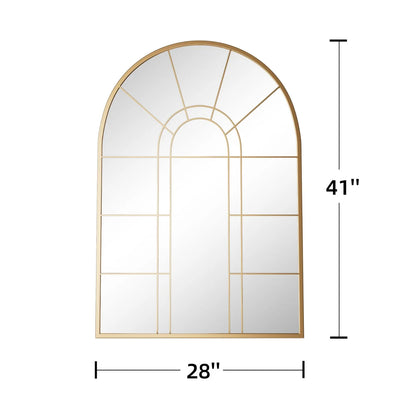 Lirago 42" x 28" Arched Decorative Mirror Metal Window Pane Wall Mirror, Gold