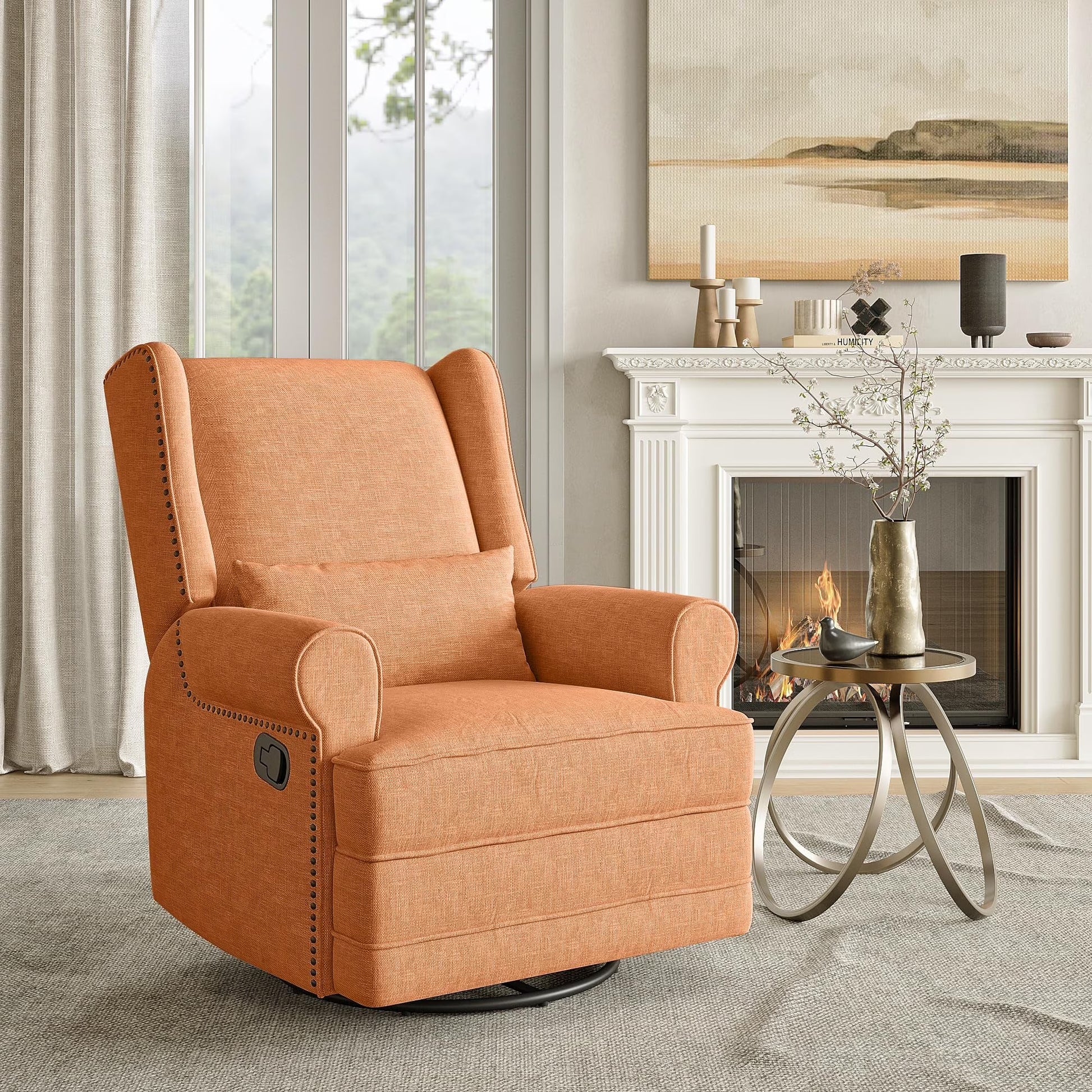Royalcraft Swivel Nursery Glider Recliner, Comfy Upholstered Glider Chair with Lumbar Pillow and Footrest, Beige
