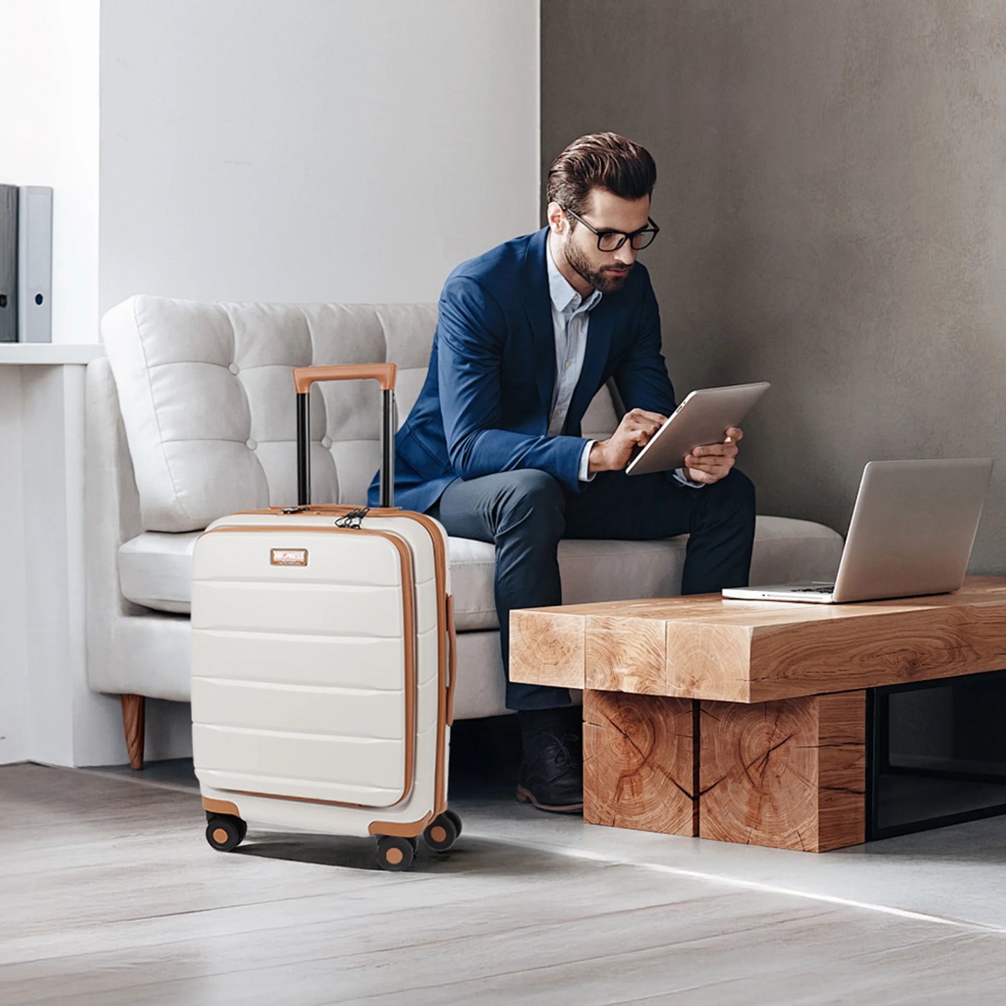Carry On Luggage 22 x 14 x 9 Airline Approved Lightweight Hardside Spinner Luggage with TSA Lock and Laptop Compartment, Beige, CY2431