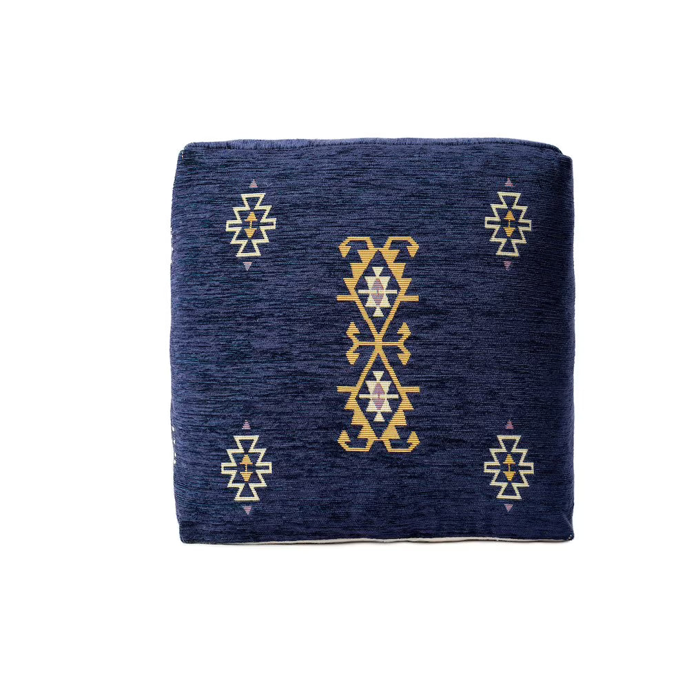 LR Home Medium Solid Indoor Cube Pouf, Blue Chenille, 18" x 18" x 18"