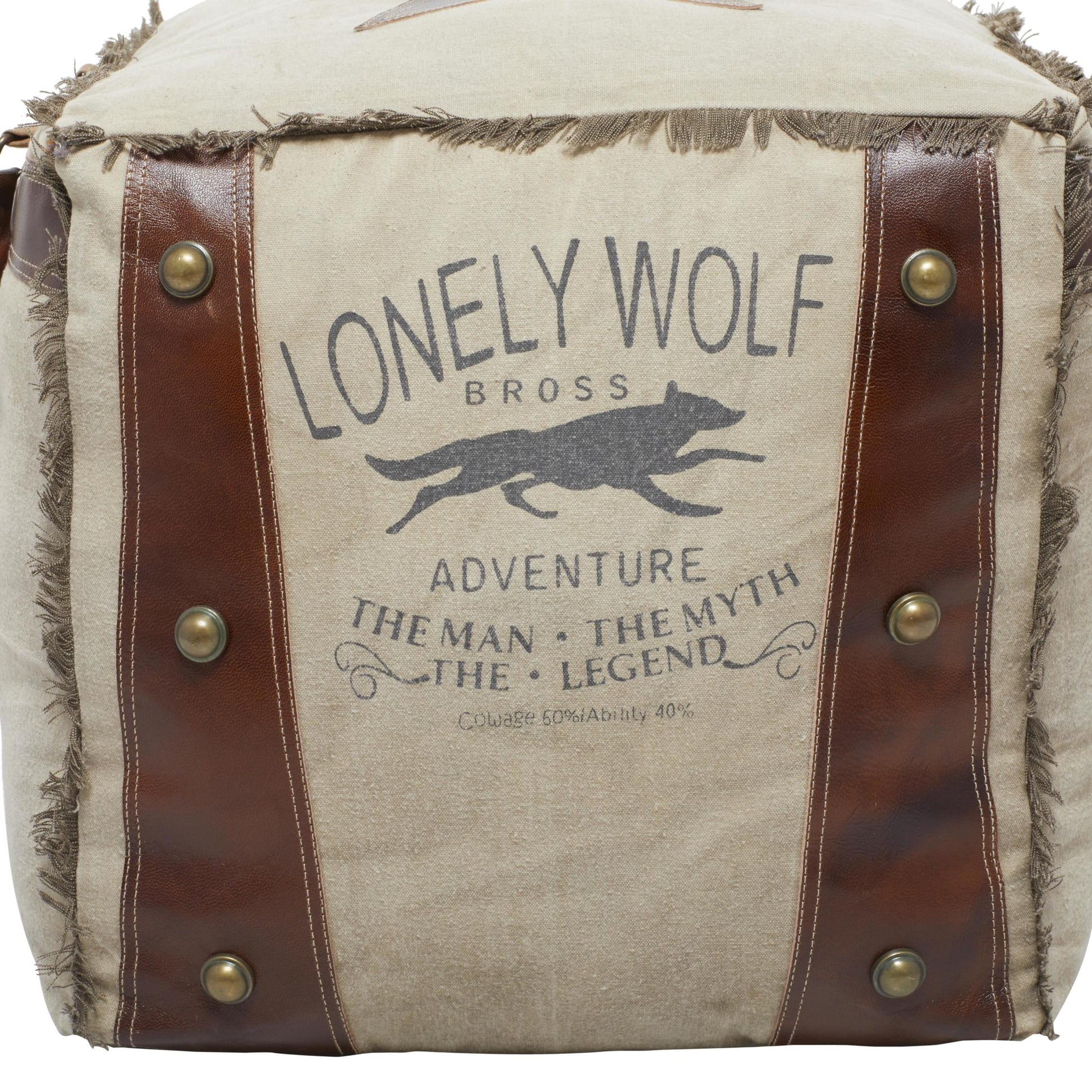 DecMode Rustic and Organic Square Ottoman Fabric Pouf features White Canvas and Brown Leather Handles with "Lonely Wolf" and Star Designs, 20"W x 19"H