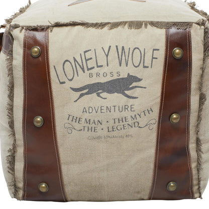 DecMode Rustic and Organic Square Ottoman Fabric Pouf features White Canvas and Brown Leather Handles with "Lonely Wolf" and Star Designs, 20"W x 19"H