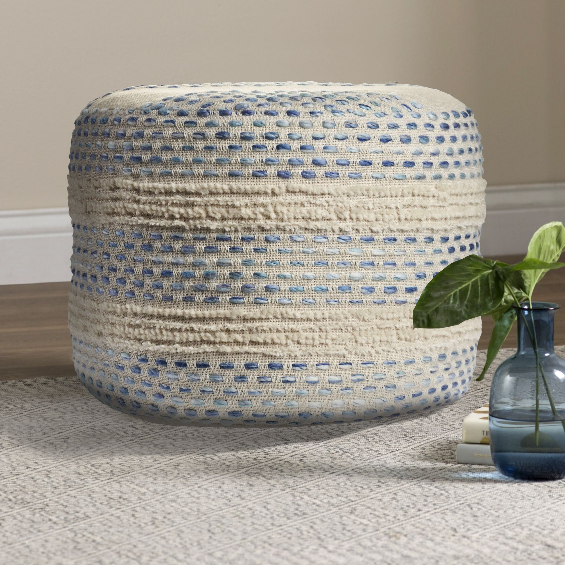 Laddha Home Designs 18" Blue and Cream Tufted Pin Dot Round Pouf Ottoman