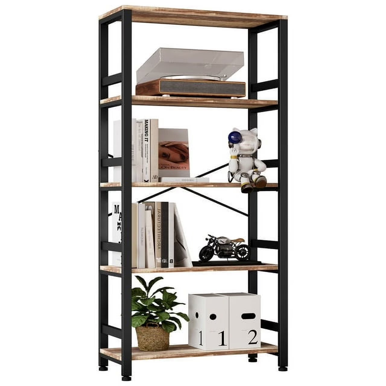 IRONCK 5 Tier Bookshelves and Bookcases, Industrial Shelf for Home Office Decor, Vintage Brown