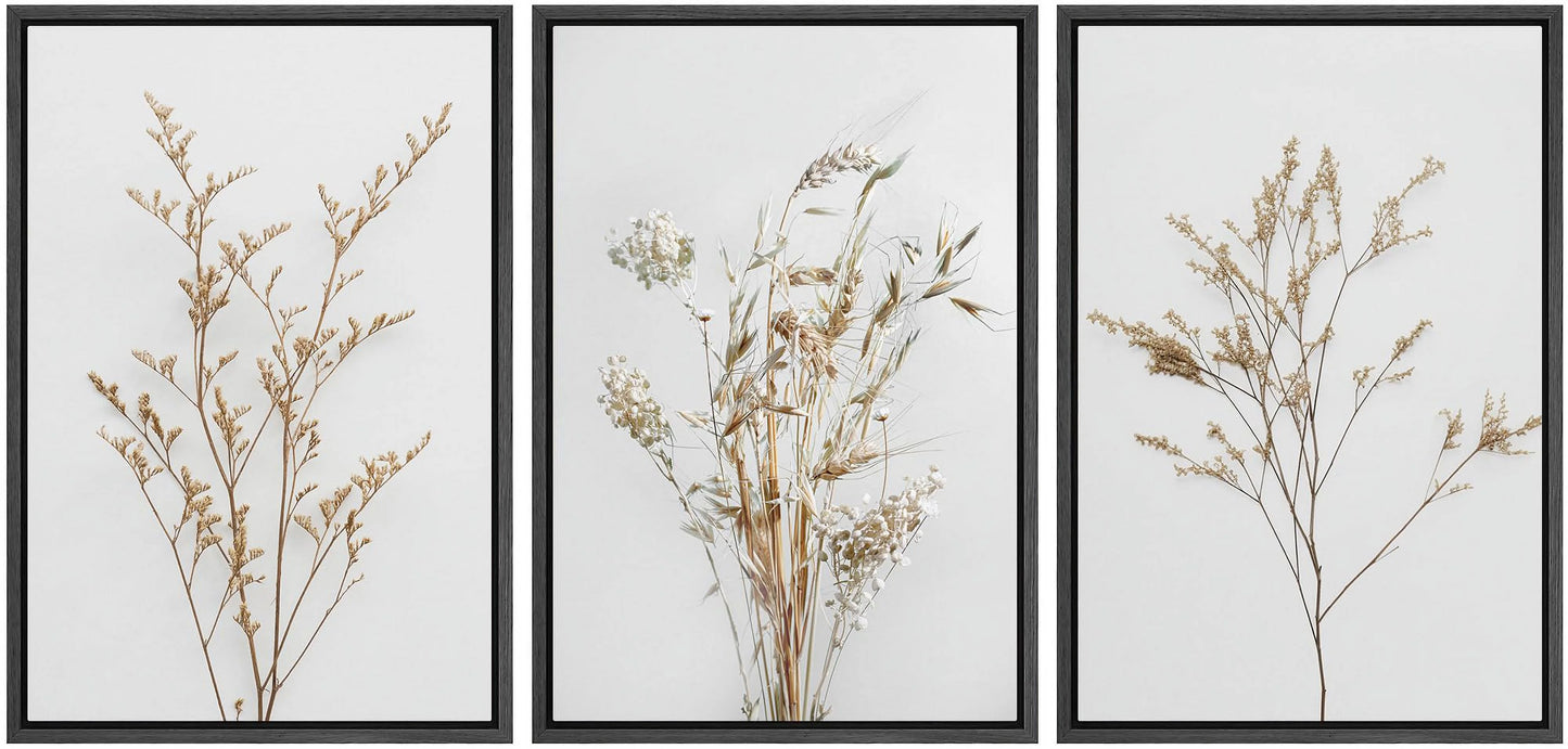 IDEA4WALL Framed Canvas Print Wall Art Set of 3 Wildflower Floral Botanical Prints, Modern Farmhouse Flowers Wall Decor, Large Wall Art, Minimalist Artwork for Home Decor - Black 16"x24"x3