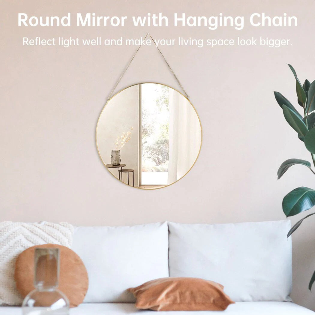 Wall Mirror, 15.7in Hanging Round Mirror with Chain, Golden Metal Frame Circle Mirror for Bathroom, Bedroom, Living Room, Entryway
