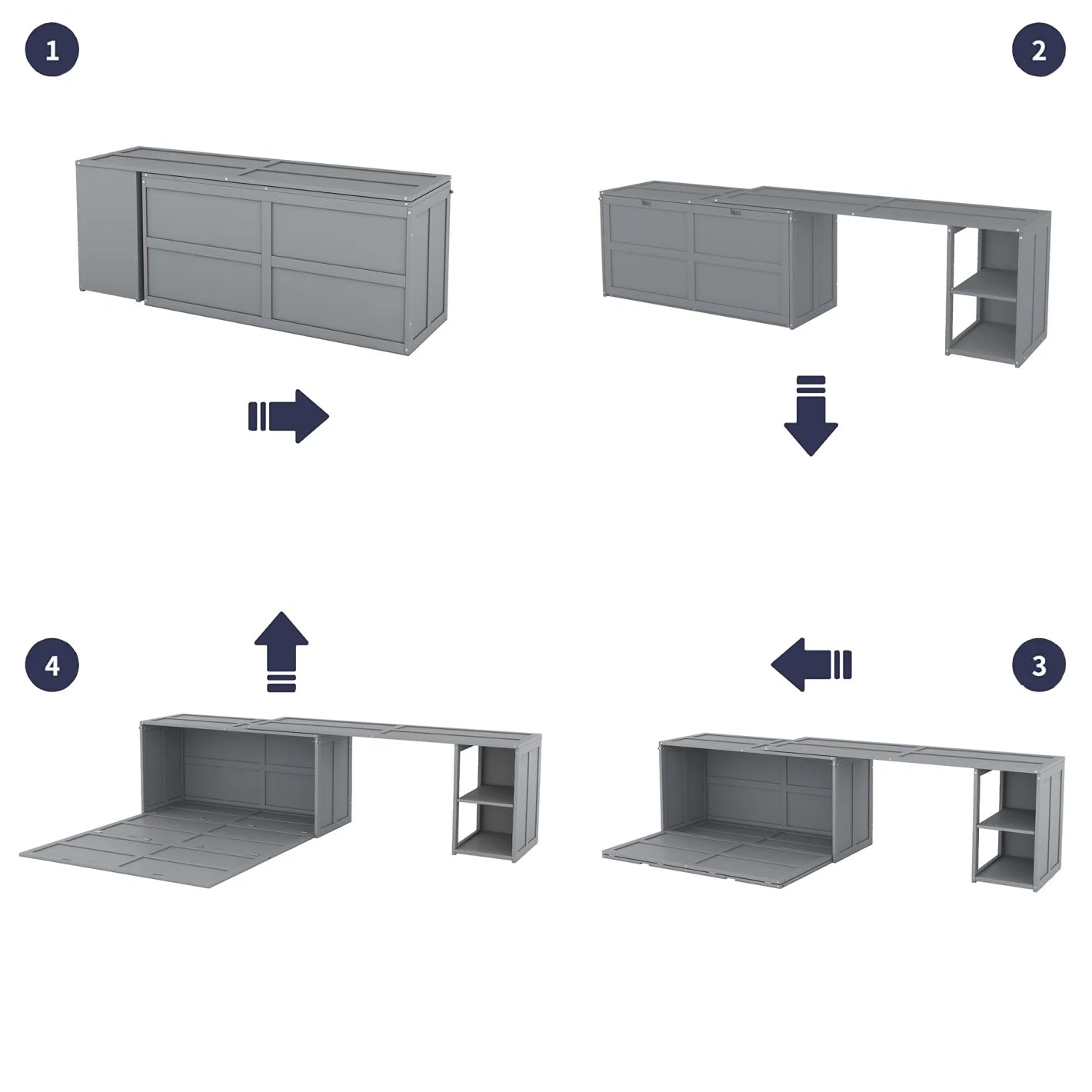 \ Queen Size Multi-Functional Cabinet,Wooden Foldable Platform BedFrame with Rotable Desk and Storage Shelves,Space-Saving Floor Bed Cabinet for Guest Room Home Office,Easy to Assemble,Gray