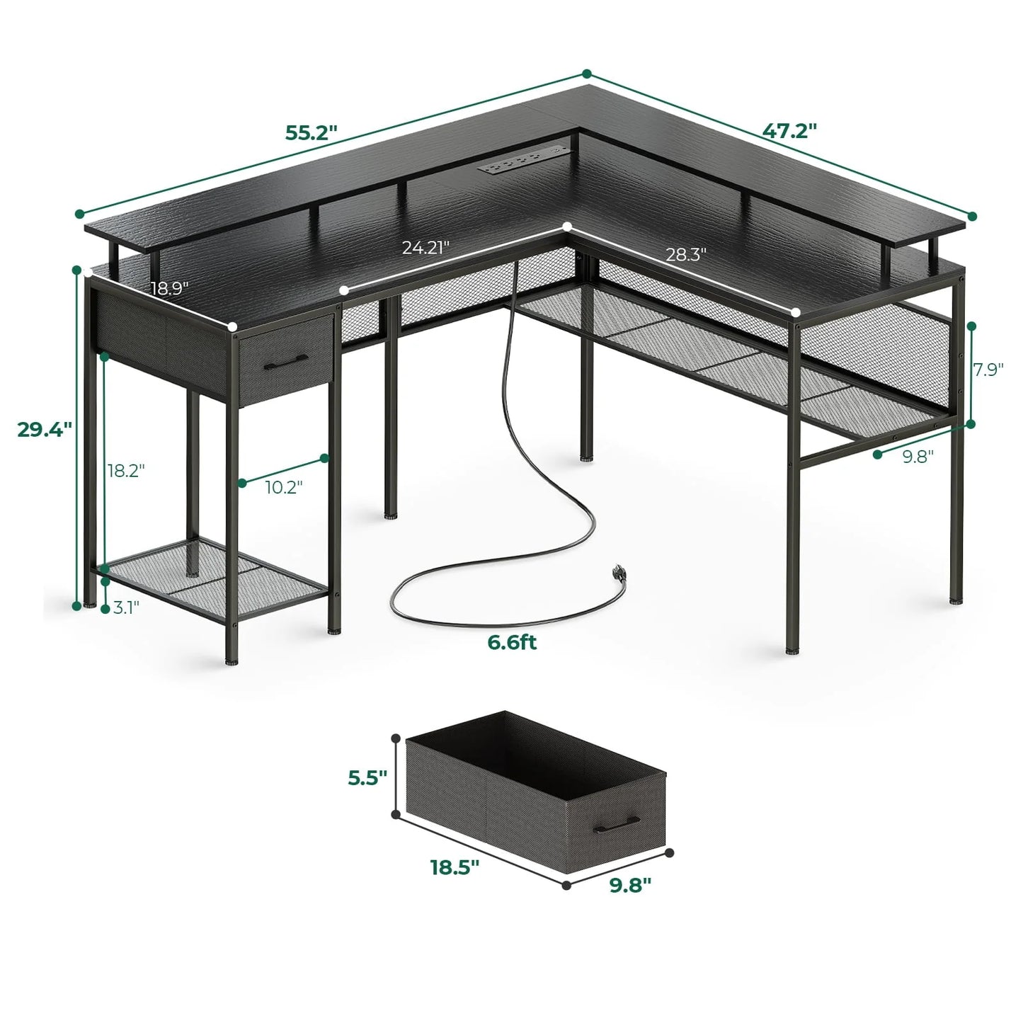 Huuger Gaming Desk with LED Lights & Power Outlets, L Shaped Desk Computer Desk with Storage Shelves, Fabric Drawer, Monitor Stand, Home Office Desk, Corner Desk, Black
