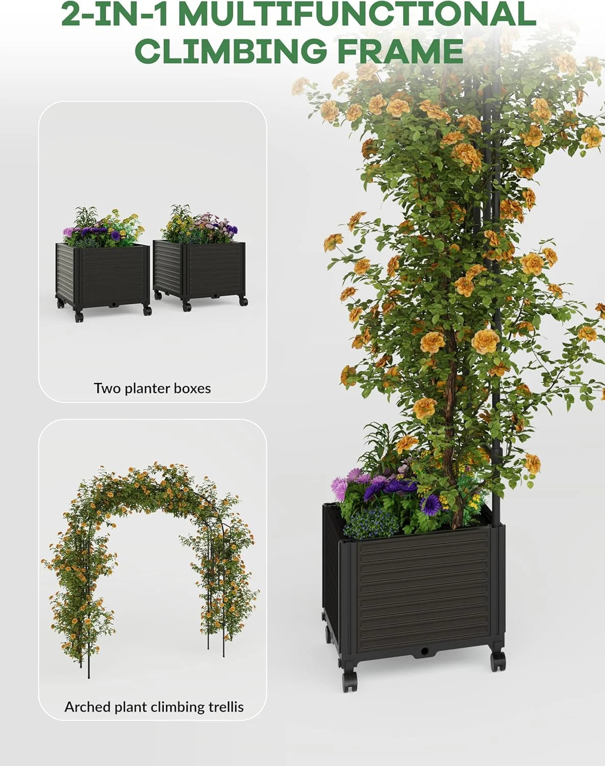 Garvee Metal Garden Arch Trellis for Climbing Plants, 2 Raised Planter Box, 78.73*15.74*94.5", Black