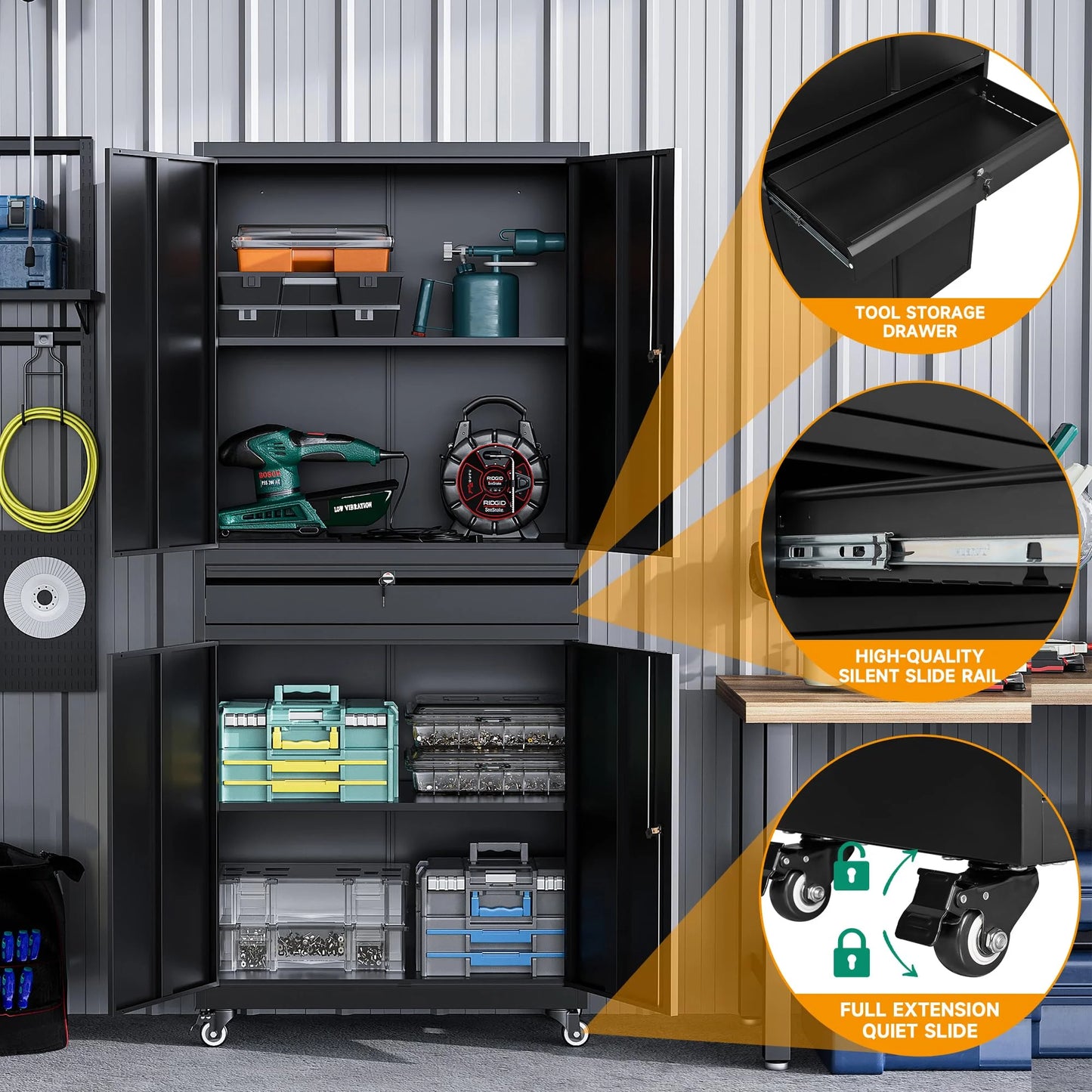 STANI Metal Garage Storage Cabinets with Drawer, 4 Doors Tool Storage Cabinet with 2 Adjustable Shelves, 73"H Rolling Steel Locking Cabinet for Garage Utility Room Home Office (Black, 4 Wheel)