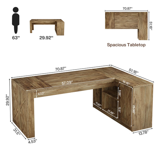 Tribesigns 70.8" L-Shaped Executive Desk, Large Computer Table with Storage Cabinet, Modern Business Furniture with Shelves, Wooden Farmhouse Workstation for Home Office (Rustic Brown)