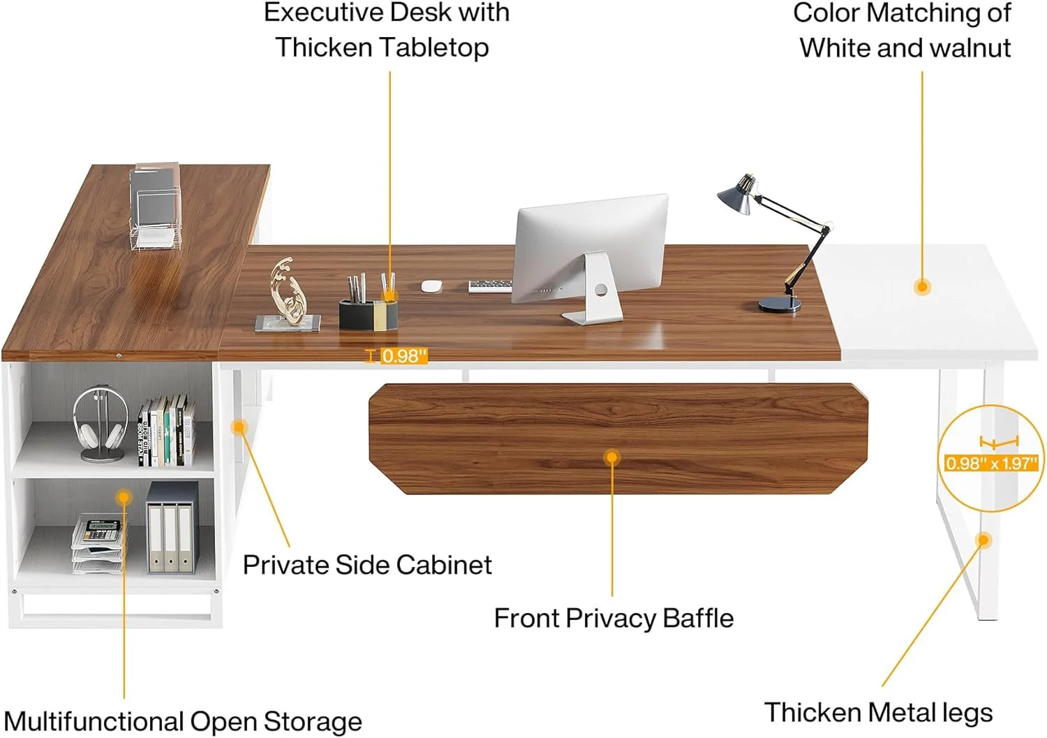 Tribesigns 70.8" L-Shaped Executive Desk with 55" File Cabinet, Modern L-Shaped Computer Desk with Storage Shelves and Cabinet for Home Office, Walnut White