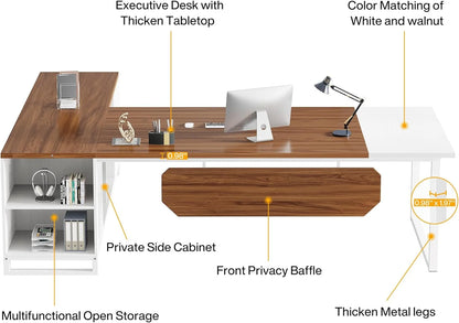 Tribesigns 70.8" L-Shaped Executive Desk with 55" File Cabinet, Modern L-Shaped Computer Desk with Storage Shelves and Cabinet for Home Office, Walnut White