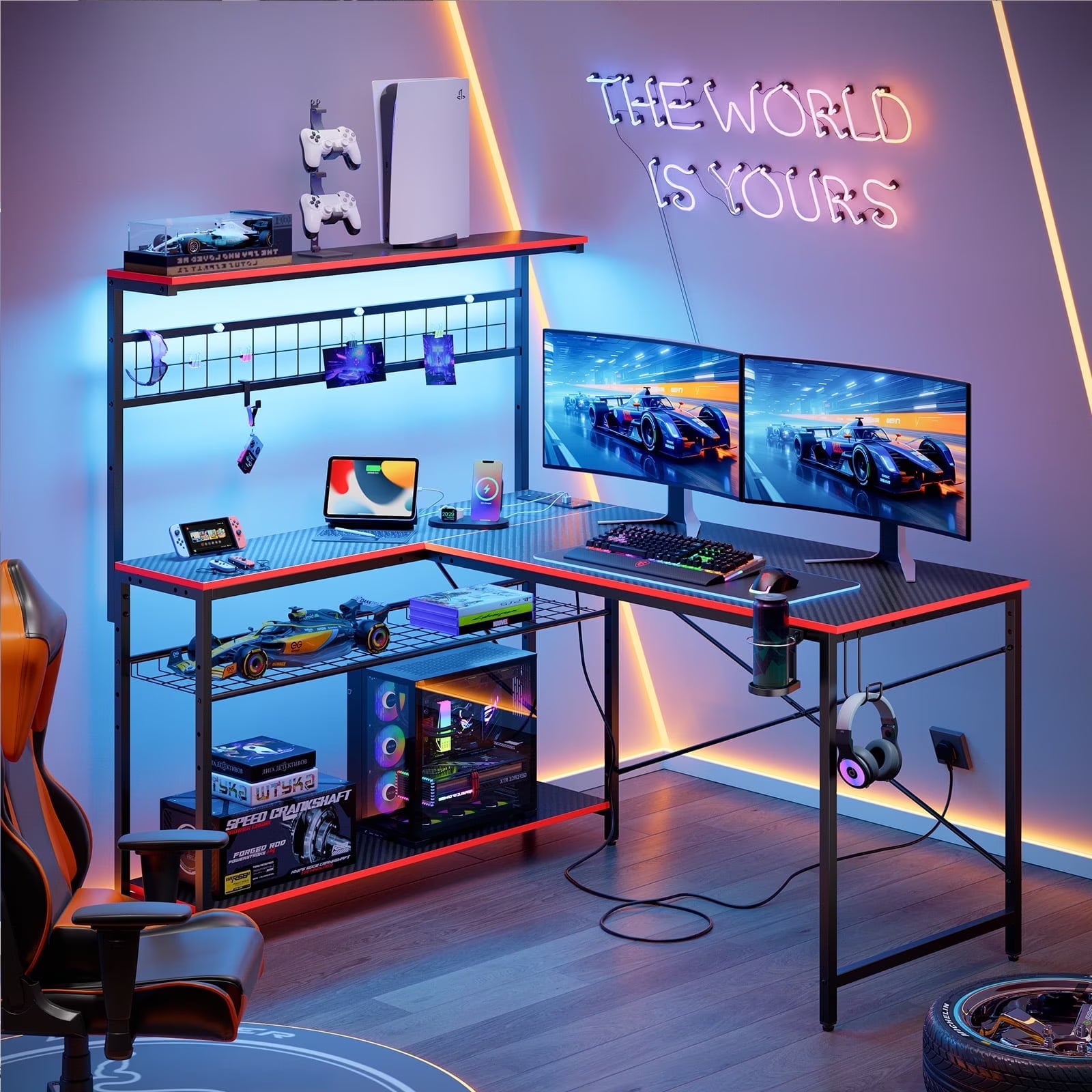 Bestier 51 L Shaped Gaming Desk with Power Outlets & LED Light, Computer Desk with 4 Tiers Shelves for Home Office, Reversible Gamer Table with Hooks and Cup Holder, Carbon Fiber