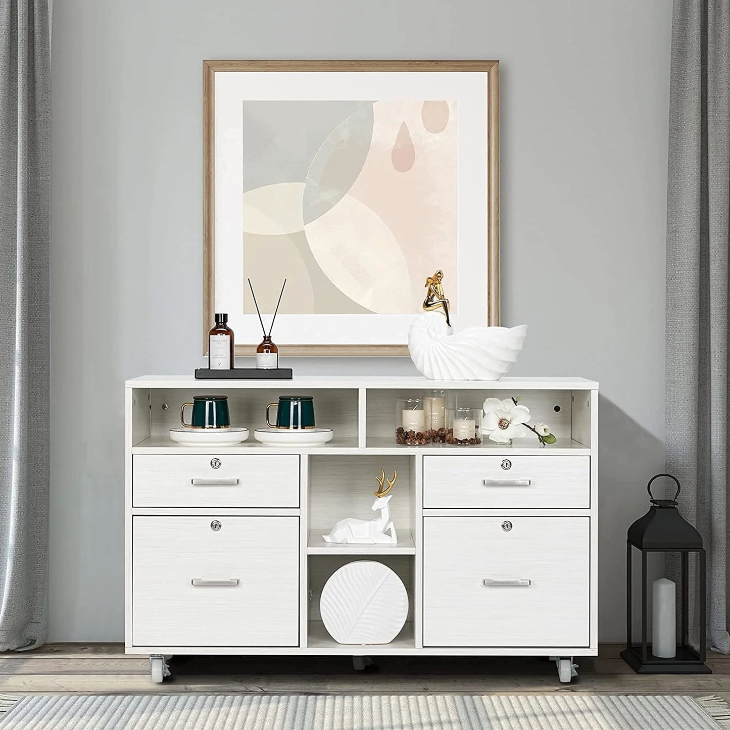 VINGLI Rolling 4-Drawer File Cabinet with Lock and Shelves, Wood Lateral Filling Printer Stand for Home Office, Cream White