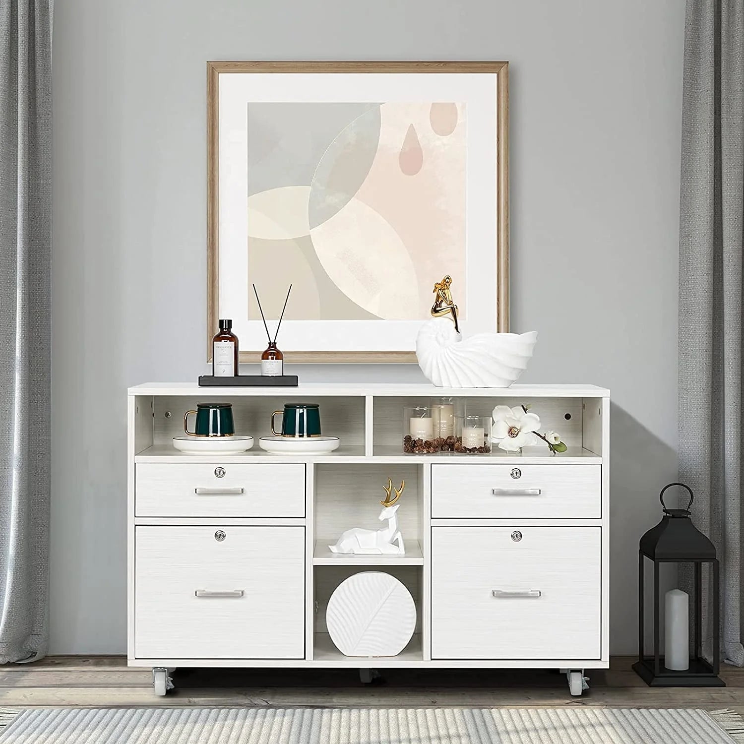 VINGLI Rolling 4-Drawer File Cabinet with Lock and Shelves, Wood Lateral Filling Printer Stand for Home Office, Cream White