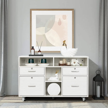 VINGLI Rolling 4-Drawer File Cabinet with Lock and Shelves, Wood Lateral Filling Printer Stand for Home Office, Cream White