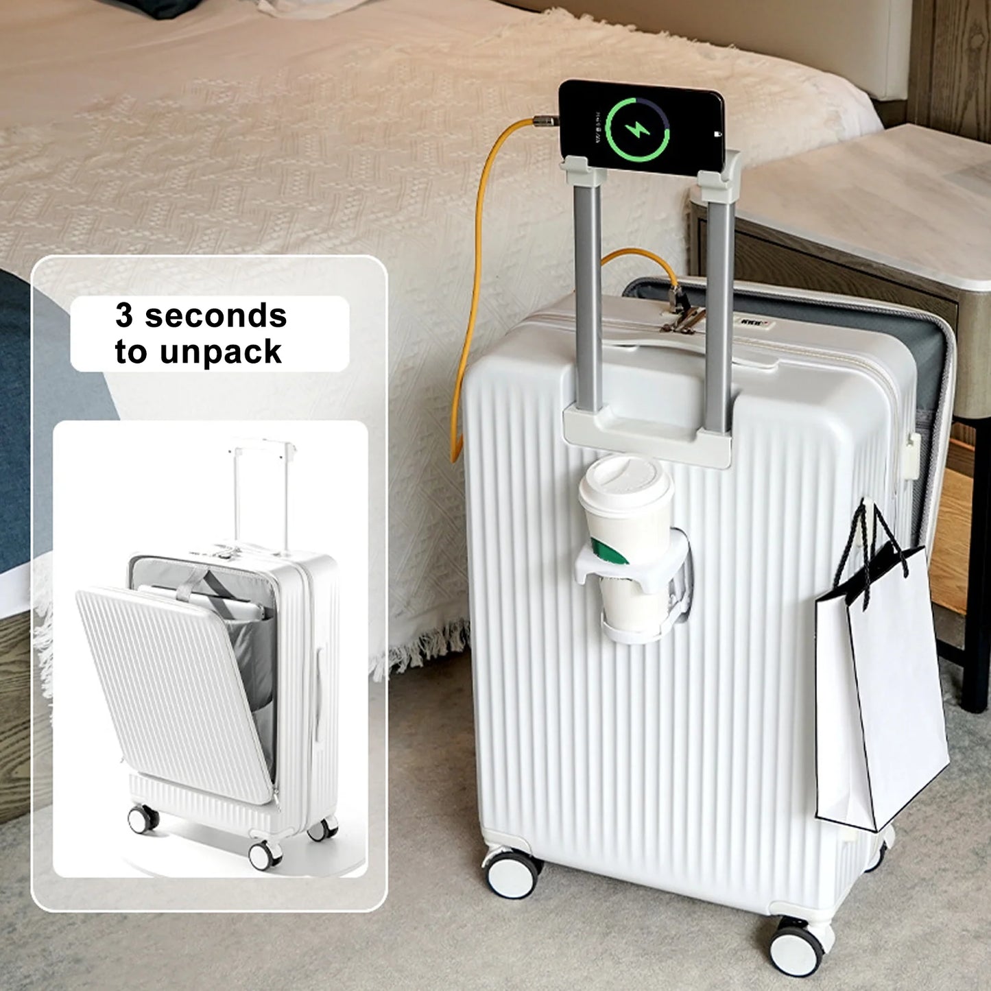 24 Inch Checked Luggage with Front Pocket, USB Charging Port, Built-in lock Carry on Suitcase, Cup Holder and Phone Holder, Medium Hardside Suitcase with Spinner Wheels, White