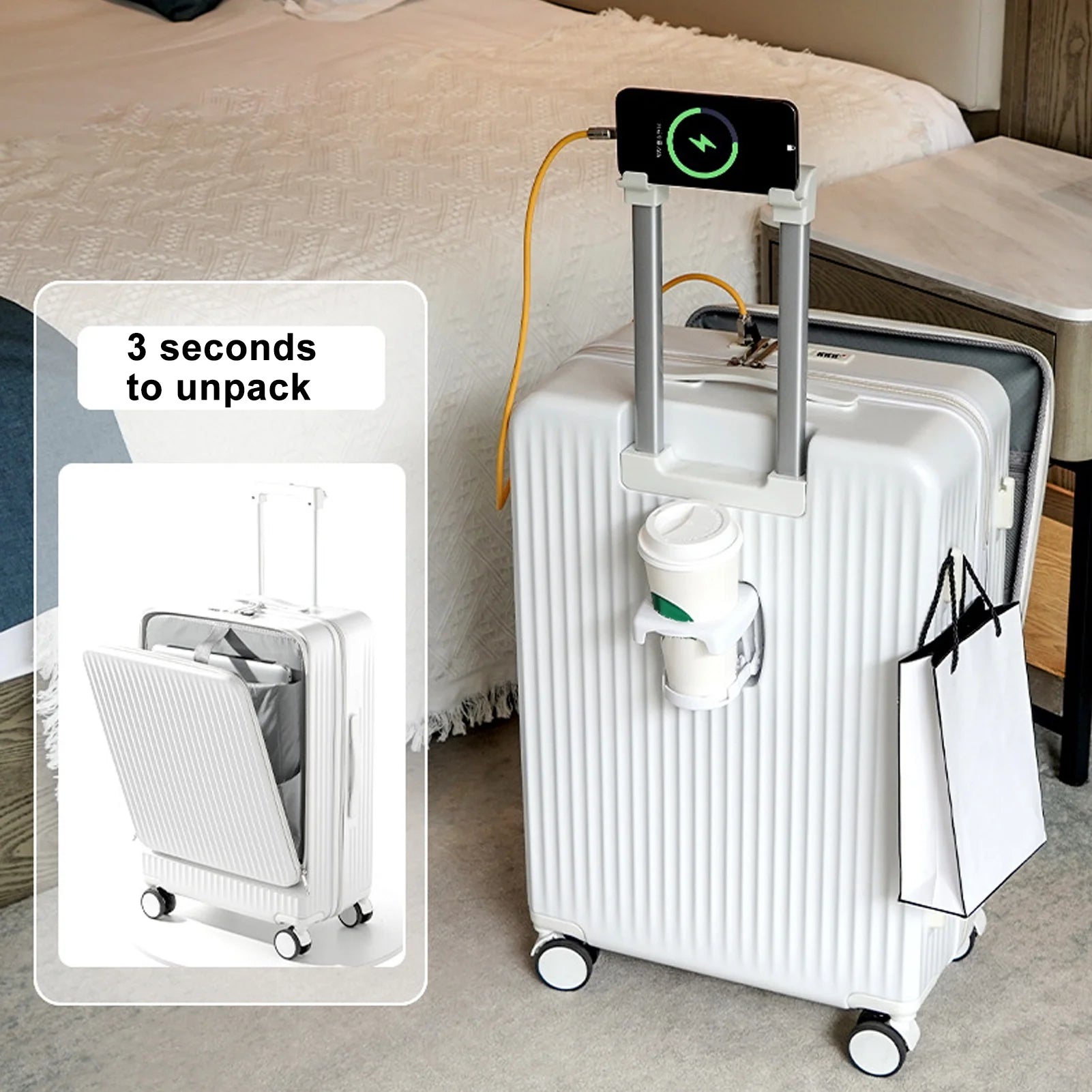 24 Inch Checked Luggage with Front Pocket, USB Charging Port, Built-in lock Carry on Suitcase, Cup Holder and Phone Holder, Medium Hardside Suitcase with Spinner Wheels, White