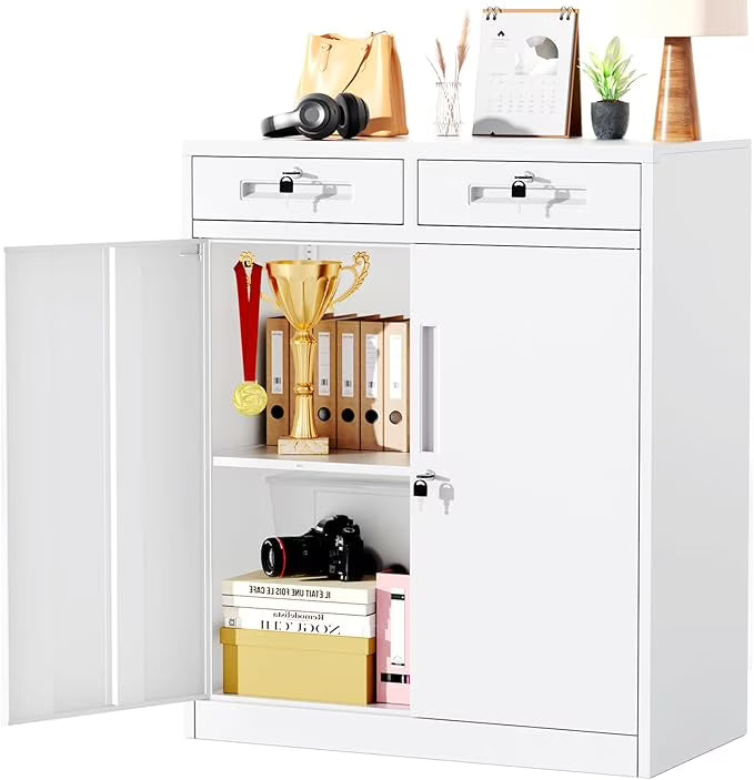 SOLAURA Metal Storage Cabinet with 2 Drawers,36" Black Metal Cabinets with Locking Doors and Adjustable Shelves for Home Office, Garage, Apartment