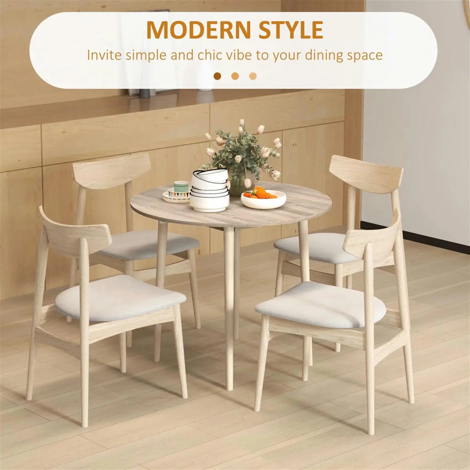 Finihen 35" Solid Wood Rustic Kitchen Table, Drop Leaf Round Dinner Table for Dining Room, Home Office, Living Room Furniture, Beige