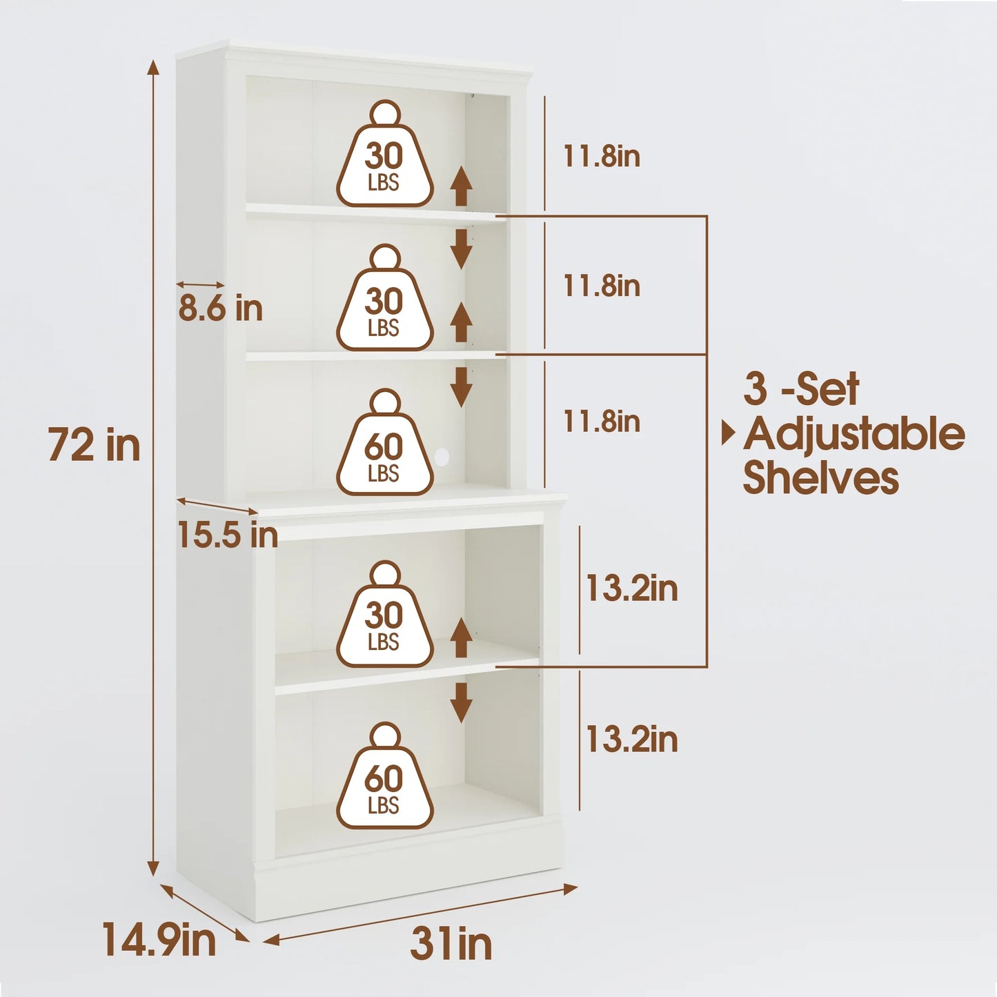 Bevfint 72" Tall Bookcase, White Large Floor Standing Bookshelf, 5 Tier Shelves Open Storage Organizer, Book Case for Living Room Hallway Kitchen Home Office Bedroom, White - 5 Tier