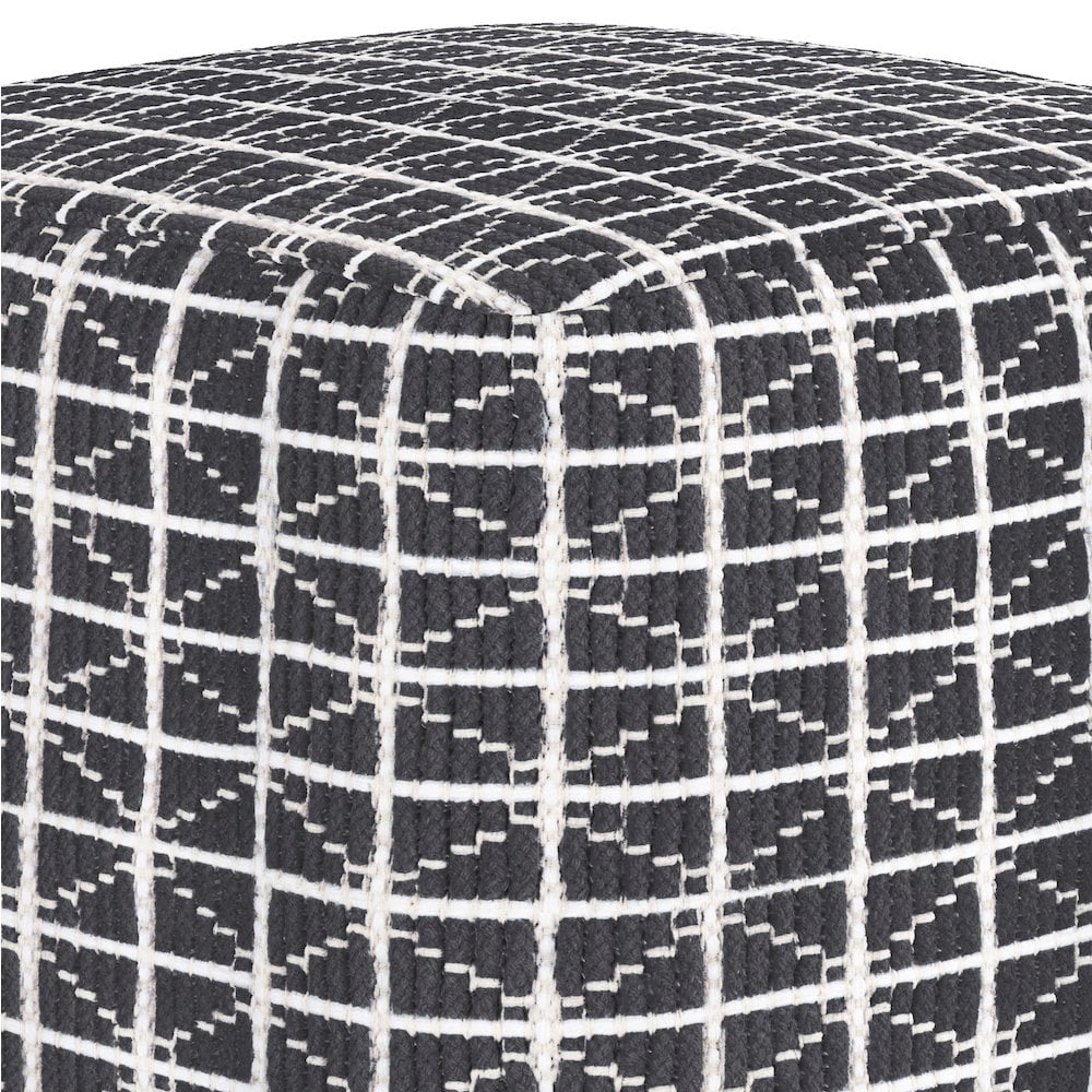 Noreen Boho Square Pouf in Slate Grey and White Handloom Woven Pattern