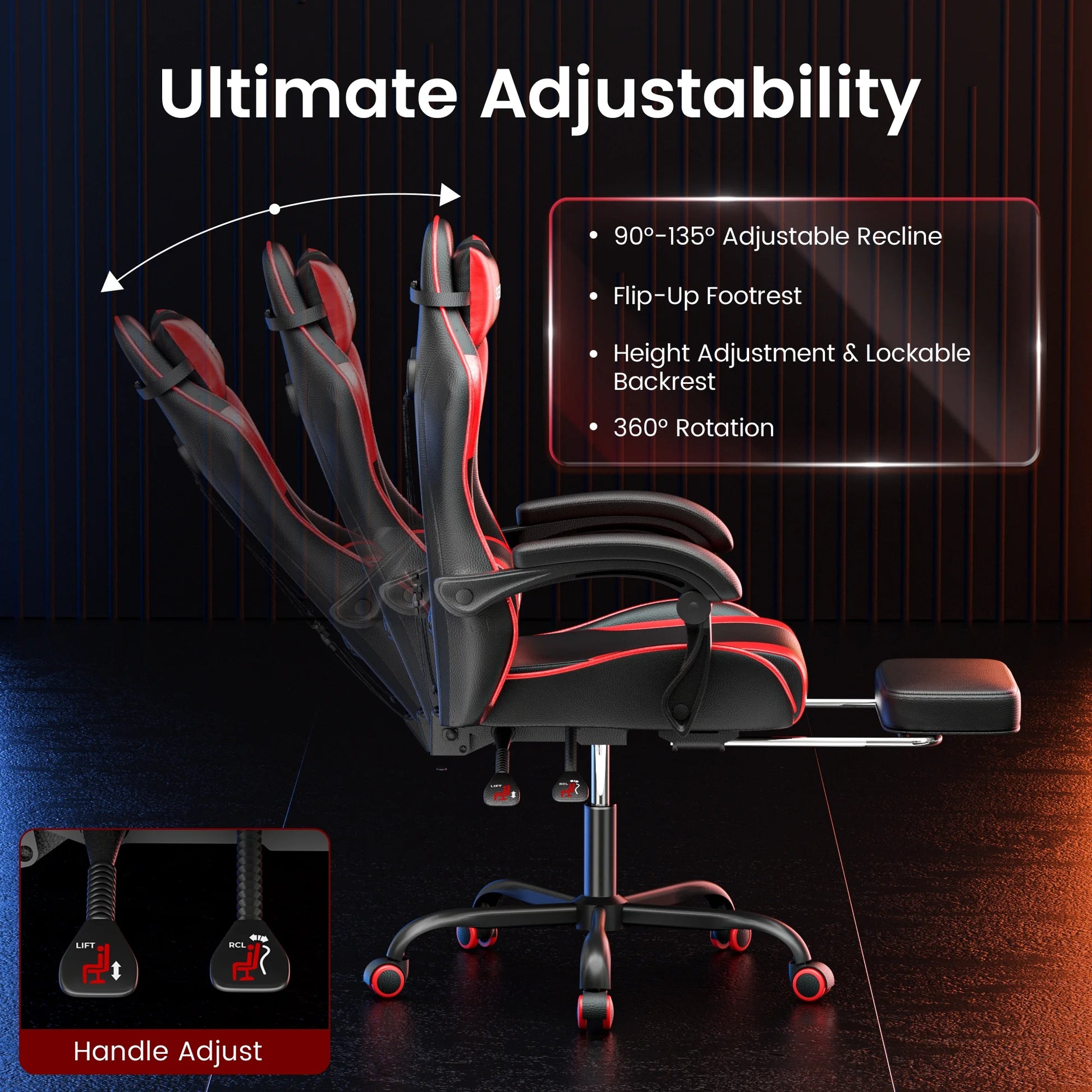 Gaming Chair, Seenda Computer Office Chair, Linkage Armrests and Footrest, High Back Ergonomic Home Office Desk Chair with Lumbar Support Task Chair, Red