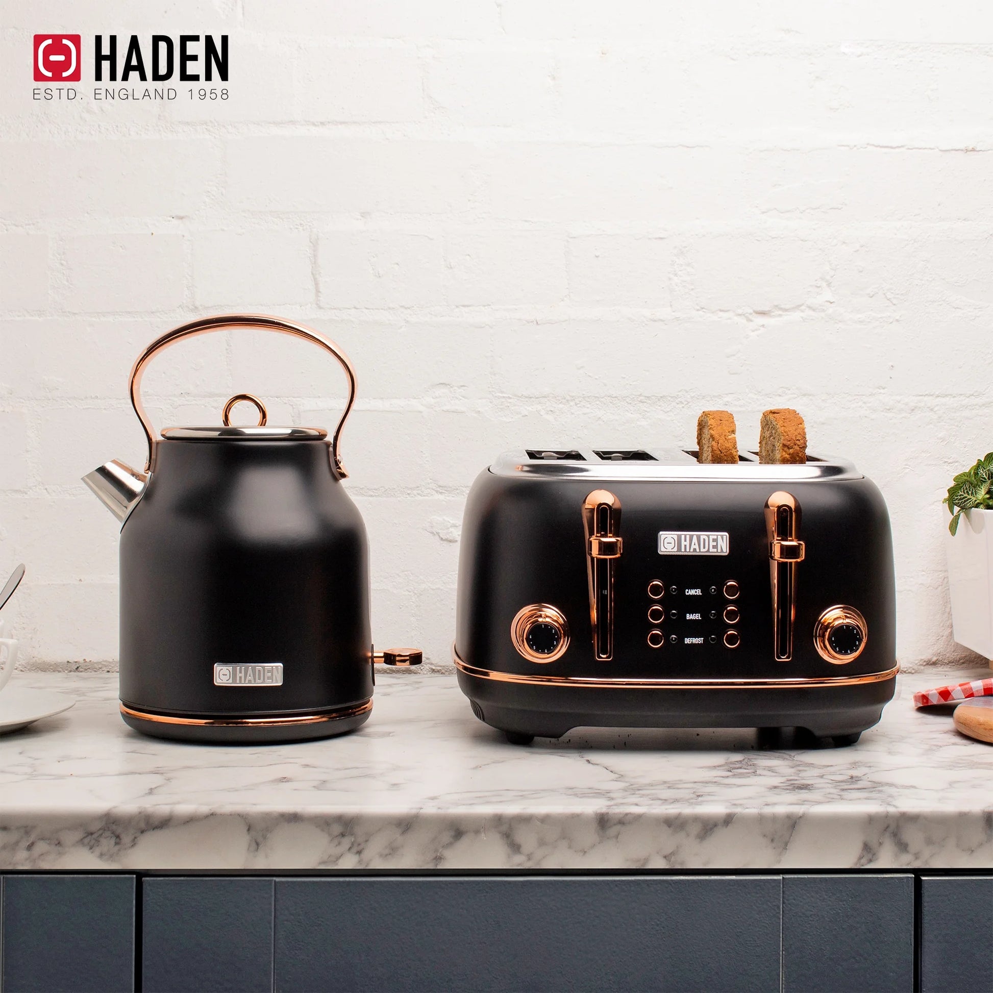 Haden Heritage 1500 1.7 Electric Kettle, Matte Black Finish with Copper Accents