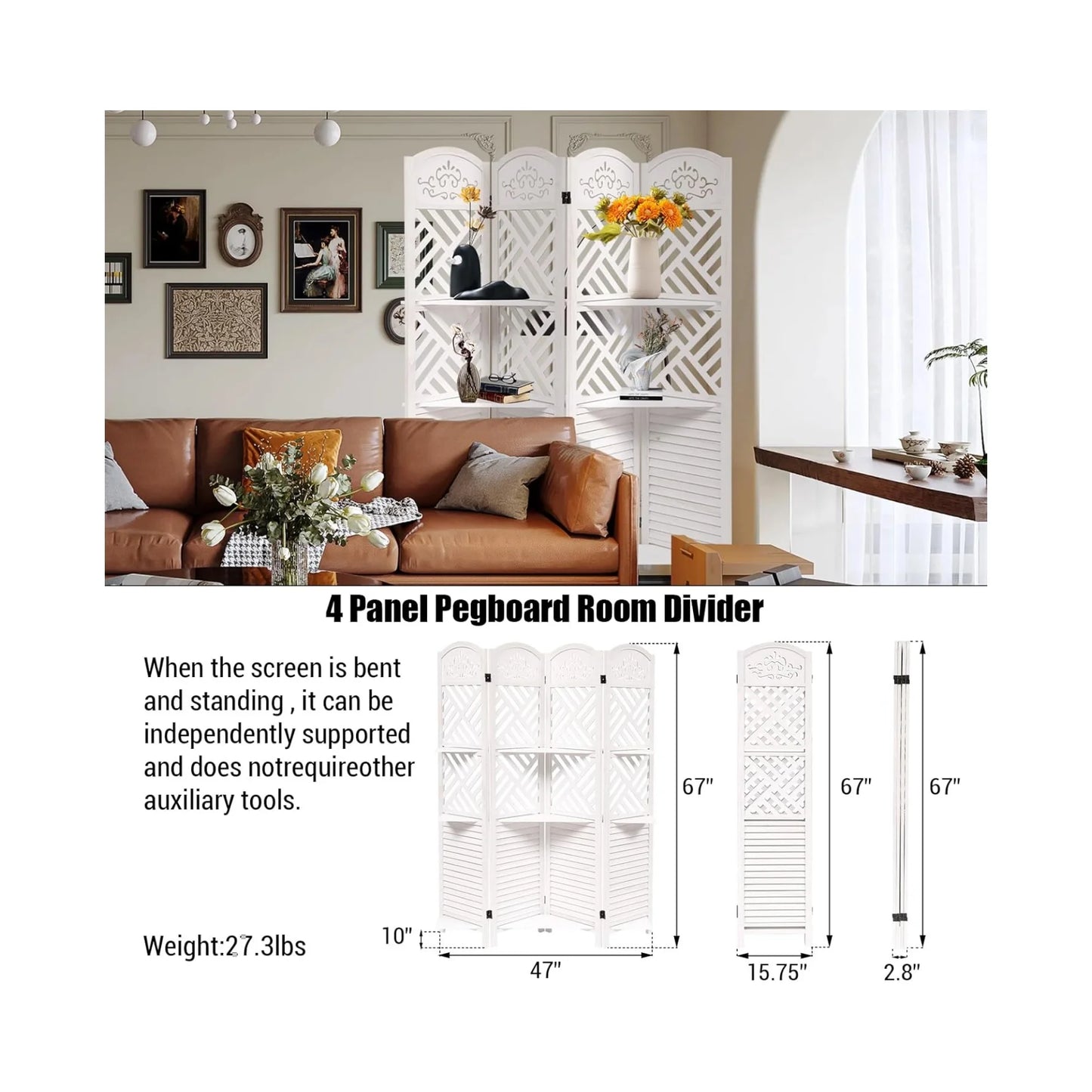 Wooden Room Divider Wall 4 Panel with Holes,5.6FT Tall Room Divider with Shelves,Folding Privacy Screens 67 in for Room Separation Home Office Bedroom