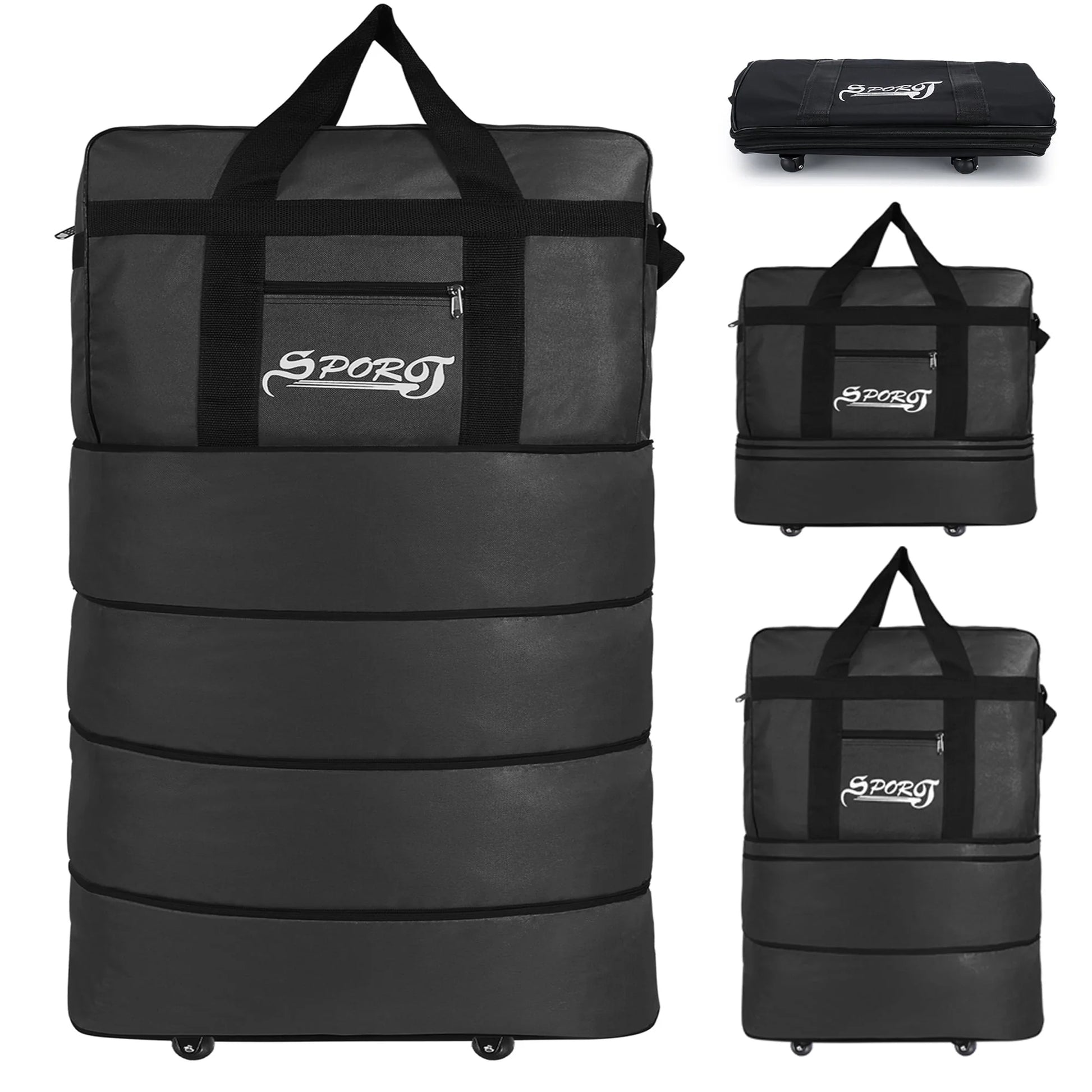 34in Expandable Suitcase Bag 3 Layer Foldable Rolling Luggage Wheeled Handbag Organizer Large for Home Storage Travel Business Moving, Black