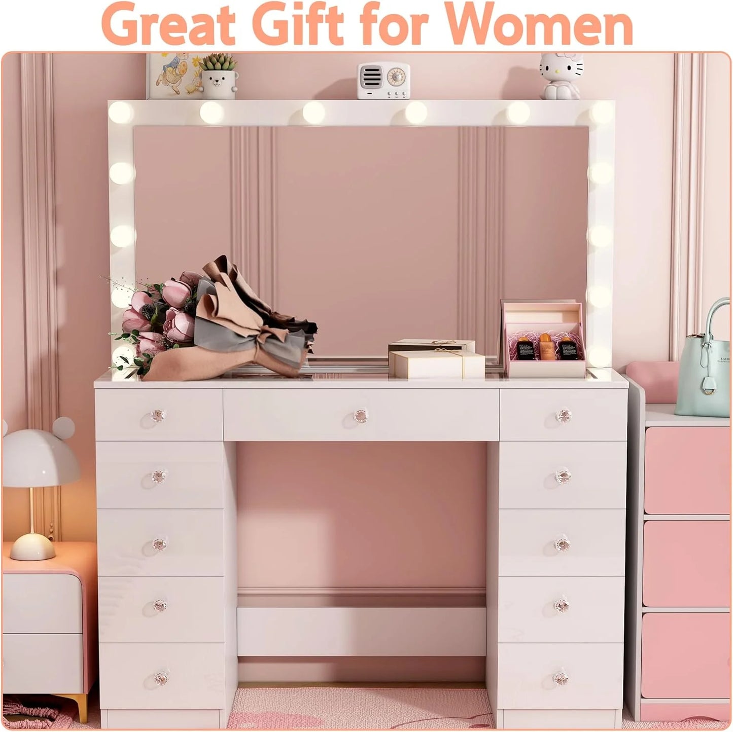 Vanity Desk with Power Outlet, Makeup Vanity with Mirror and 14 LED Light, 3 Lighting Modes,11 Drawer Vanity Table with Sliding Jewelry Storage, Glass Top, Specular Surface