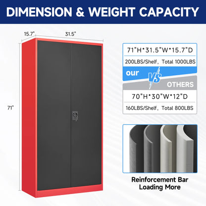 AUHUP 71" Metal Cabinet with 5 Adjustable Shelves, Garage Storage Cabinets with Locking Doors,Tool Storage Cabinet for Home Office,Warehouse,Workshop(Red Black)