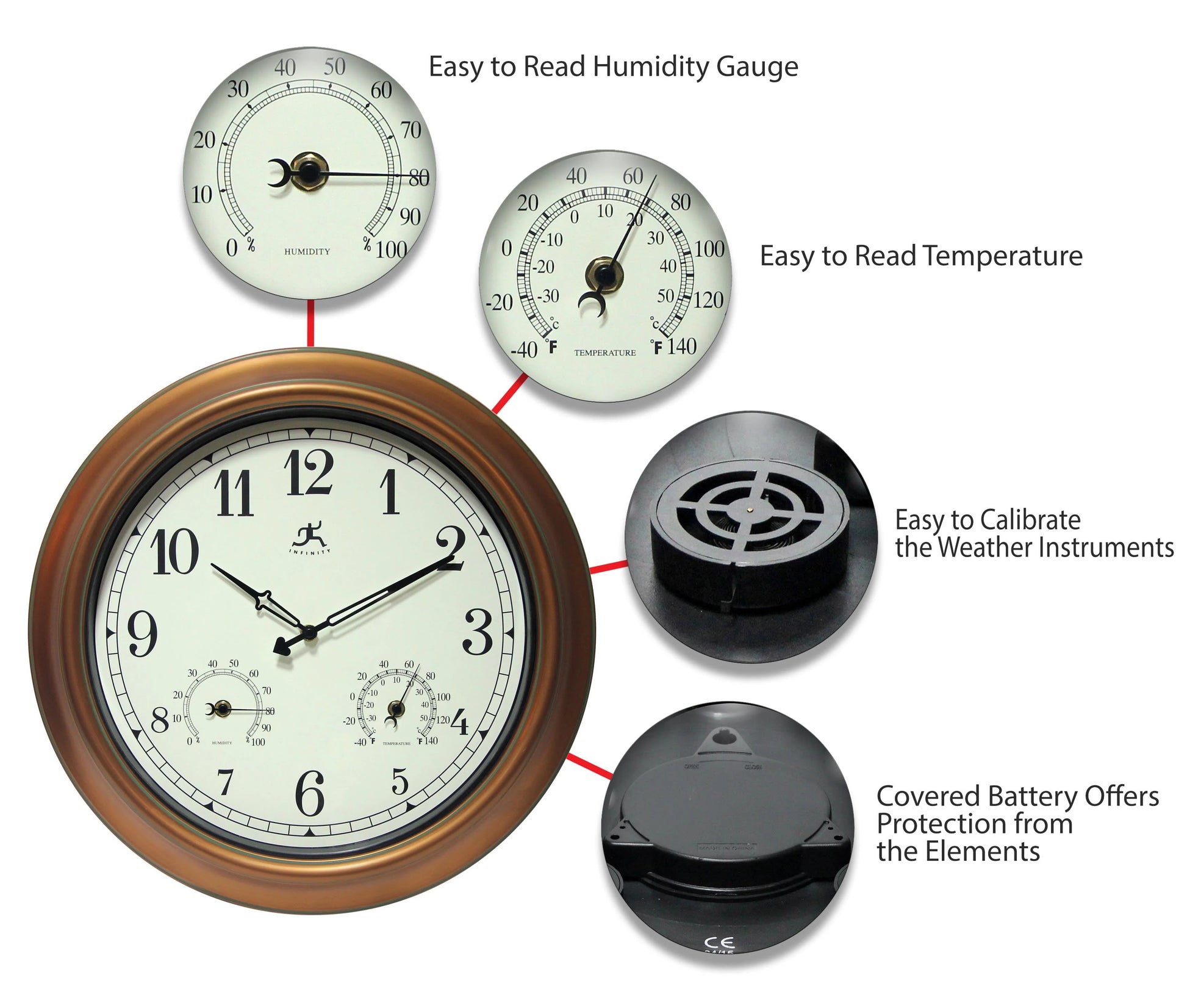 Infinity Instruments 18inch Waterproof Plastic Wall Clock Radio Movement Aged Copper Frame Clock