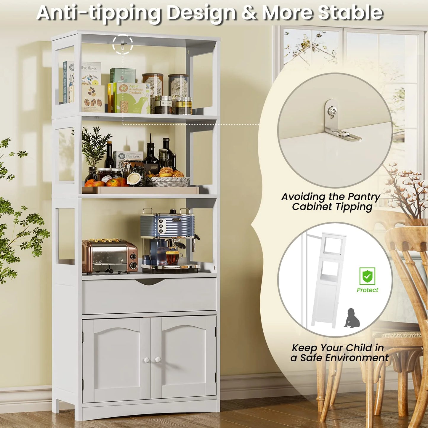 Kitchen Sideboard Pantry Cabinet Tall Freestanding Storage Cabinets with Shelves and Drawer for Bathroom Home Office, White