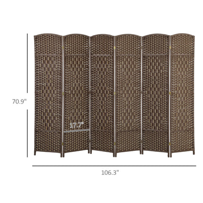 HOMCOM 6 Panel Room Divider, 6' Tall Folding Privacy Screen, Hand-Woven Freestanding Wood Partition for Home Office, Bedroom, Brown