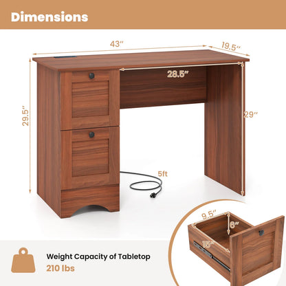 BHUIK Vintage Computer Desk with Charging Station, 43" Home Office Writing Table with 3 Drawers, USB & Type-C Ports, Wooden Study Workstation for Small Spaces, Walnut