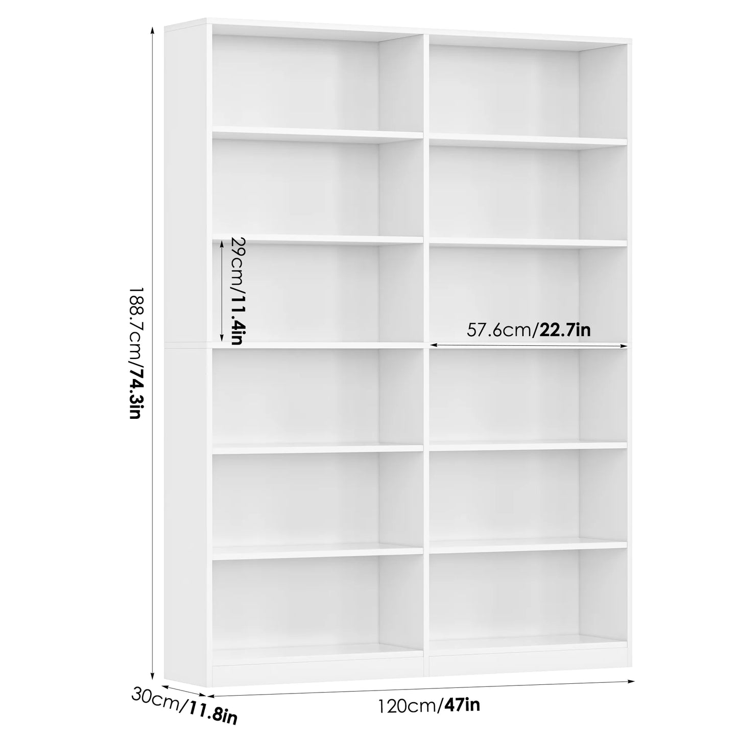 Homfa 74.3° Double Wide 6-Tier Bookcase, Extra Large Wooden Freestanding Display Bookshelf for Home Office Living Room, White