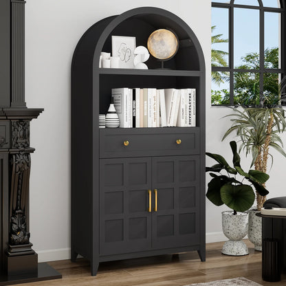 PULUOMIS 65" Tall Arched Cabinet, Farmhouse Arched Bookcase Bookshelf with Storage Drawer and Ajustable Shelves, for Living Room, Kitchen, Home Office, Black