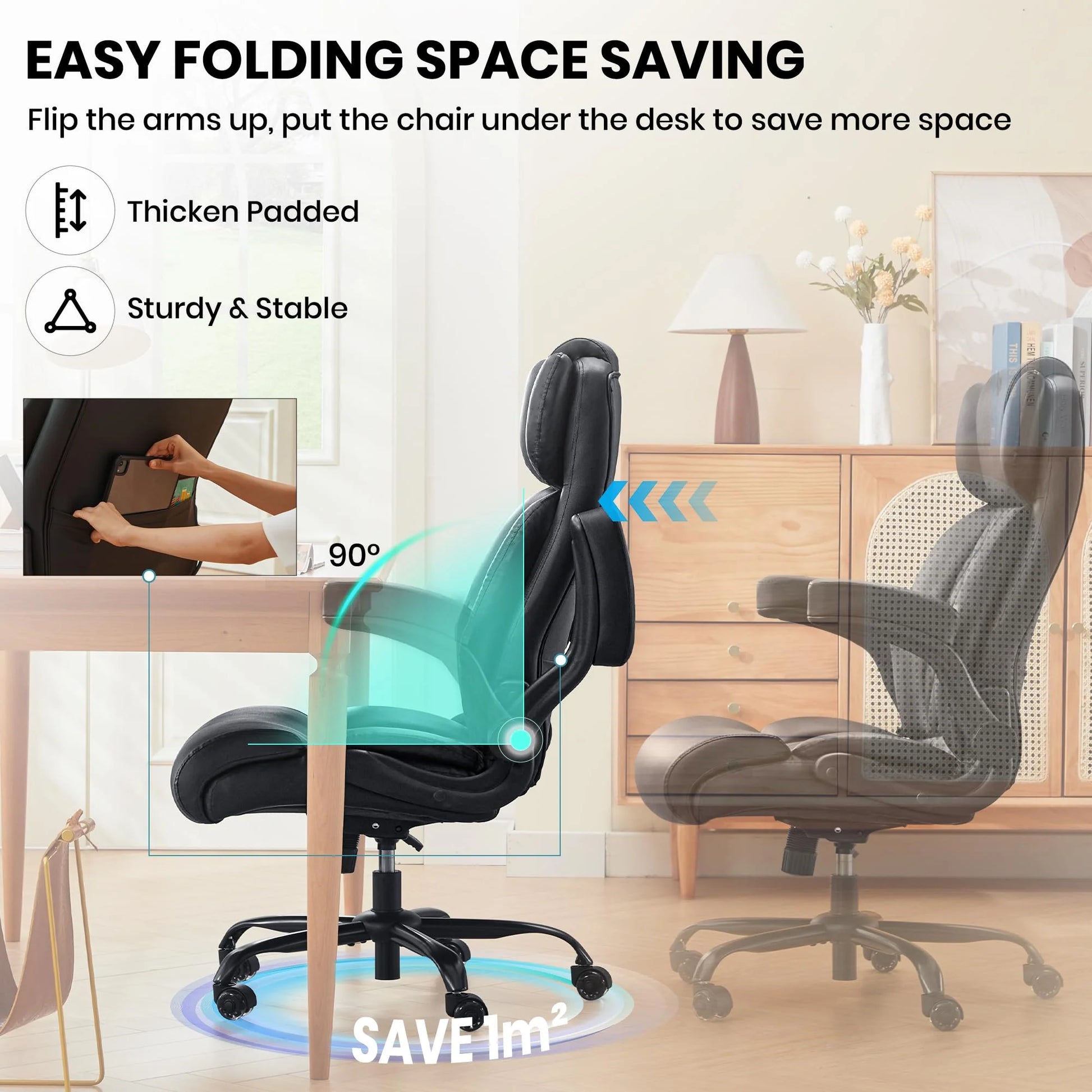 HomeZeer Executive Office Chair, Big and Tall Home Office Chairs 400lbs, High Back Executive Office Chair with Adjustable Flip up Arm, Wide Seat Leather Desk Computer Chairs, Black