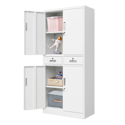 Metal Storage Cabinets with 2 Drawer and Adjustable Shelves, Locking Storage Cabinet for Pantry Kitchen Home Office Garage Living Dining Room (White)
