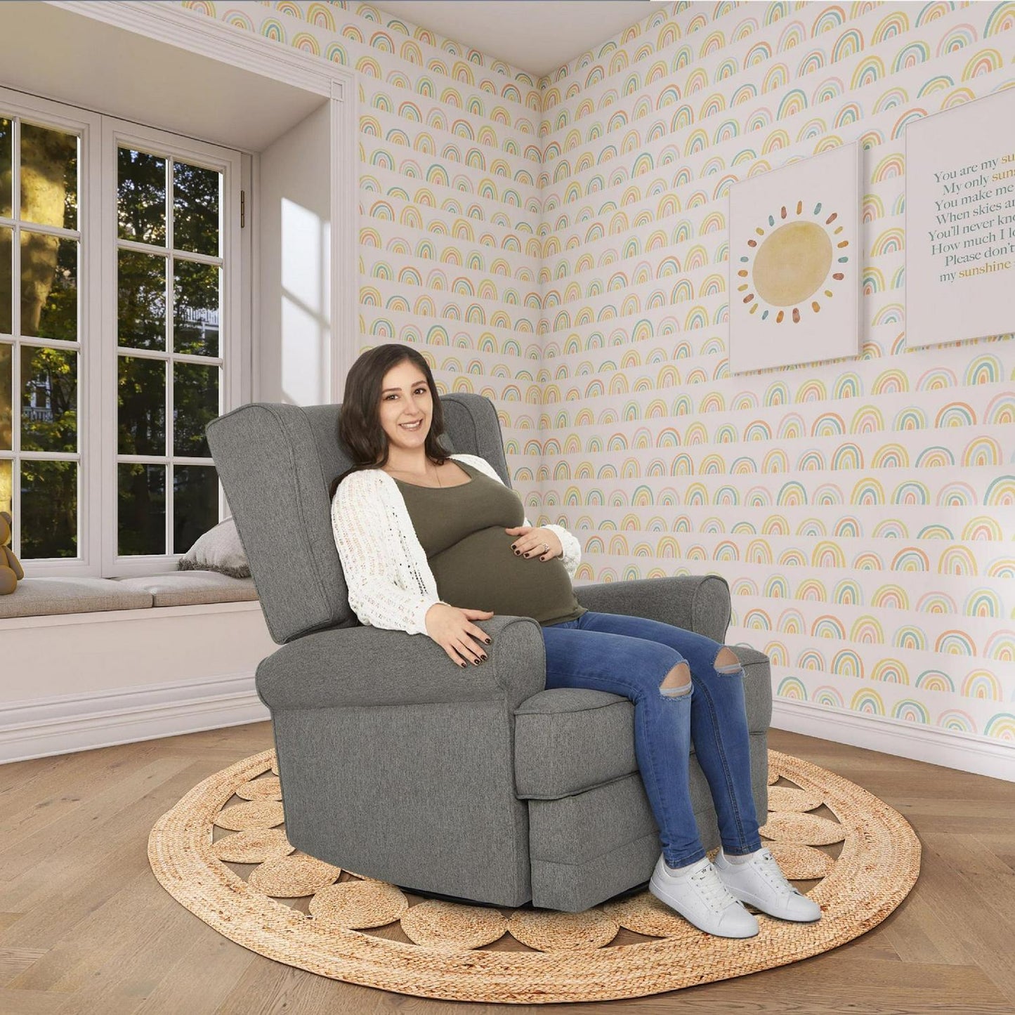 Evolur Melbourne Wing Back Swivel Glider I Nursery Glider I Durable Soft Fabric I Bonus Pillow In Iron