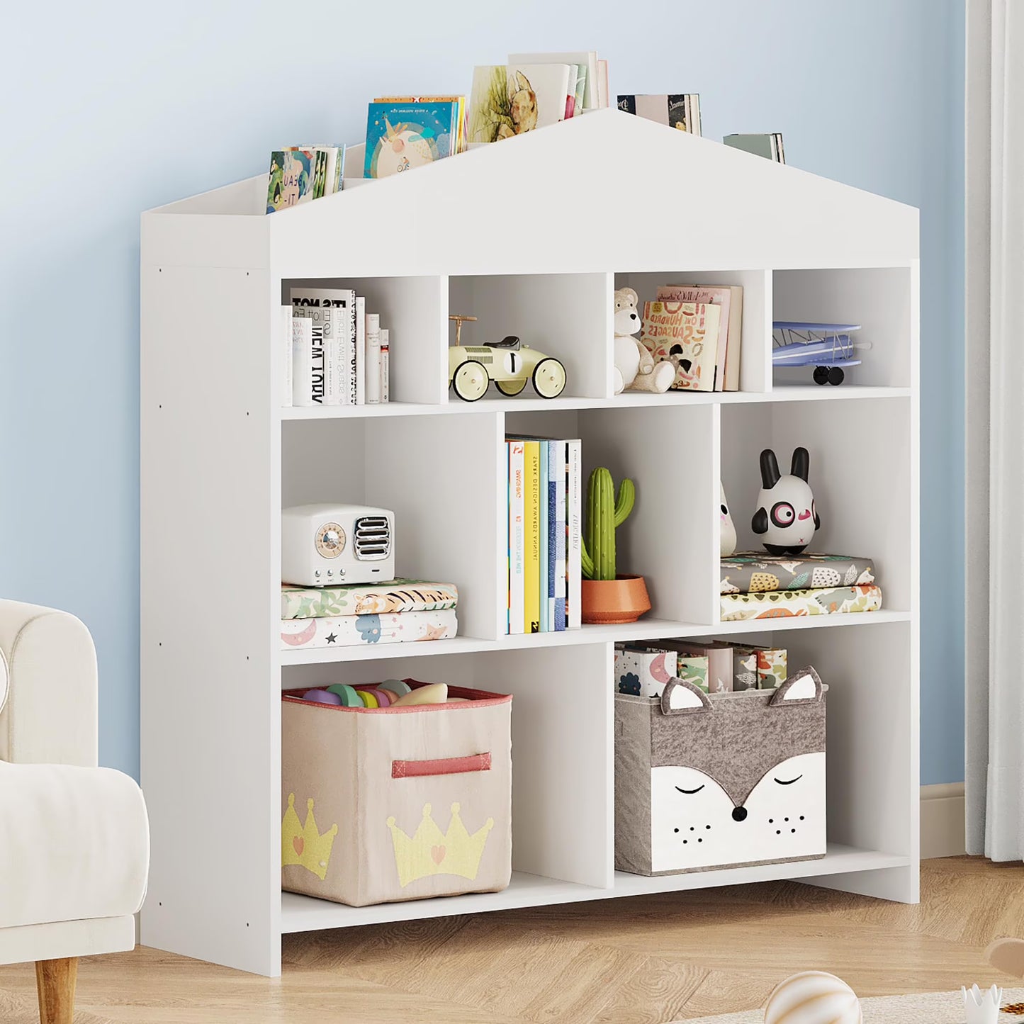 DSstyles Kids Bookshelf 9-Cubby Toy Storage Organizer White Bookcase Toddlers Playhouse Cabinet Shelf for Boys Girls Wooden Storage Toy Shelf for Playroom, Nursery, Kids Room