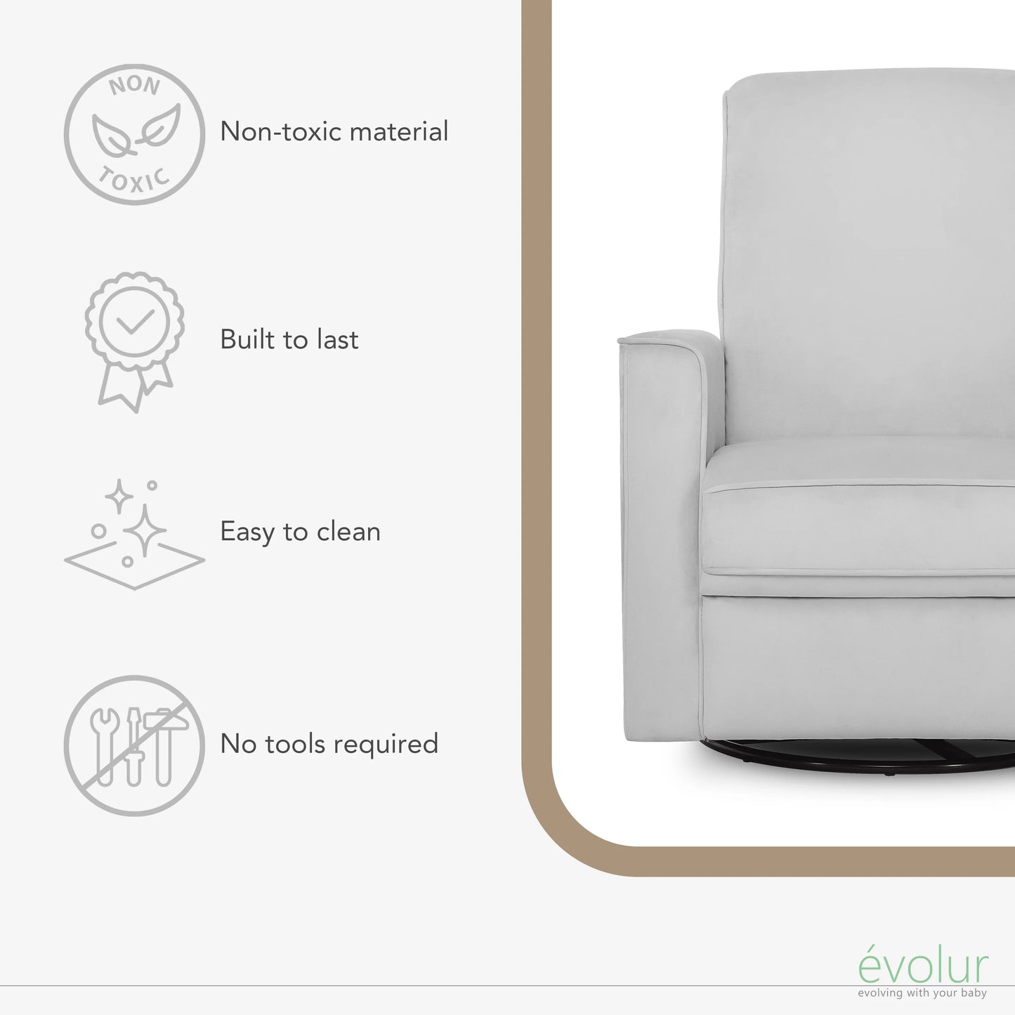 Evolur Raleigh Nursery Glider Recliner and Rocking Chair in Gray, 360° Swivel Motion, Multiple Recline Positions, Easy to Clean, FSC and Greenguard Gold Certified