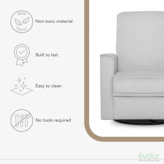 Evolur Raleigh Nursery Glider Recliner and Rocking Chair in Gray, 360° Swivel Motion, Multiple Recline Positions, Easy to Clean, FSC and Greenguard Gold Certified
